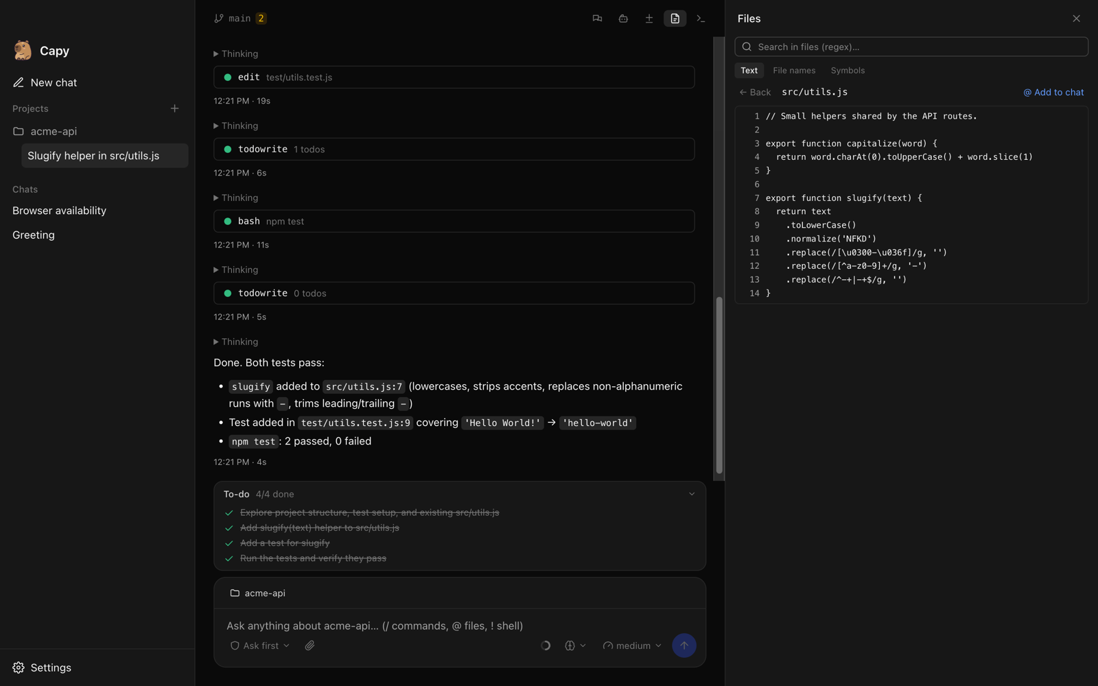 Files panel: src/utils.js open with line numbers, plus text, file-name and symbol search and an Add to chat button.