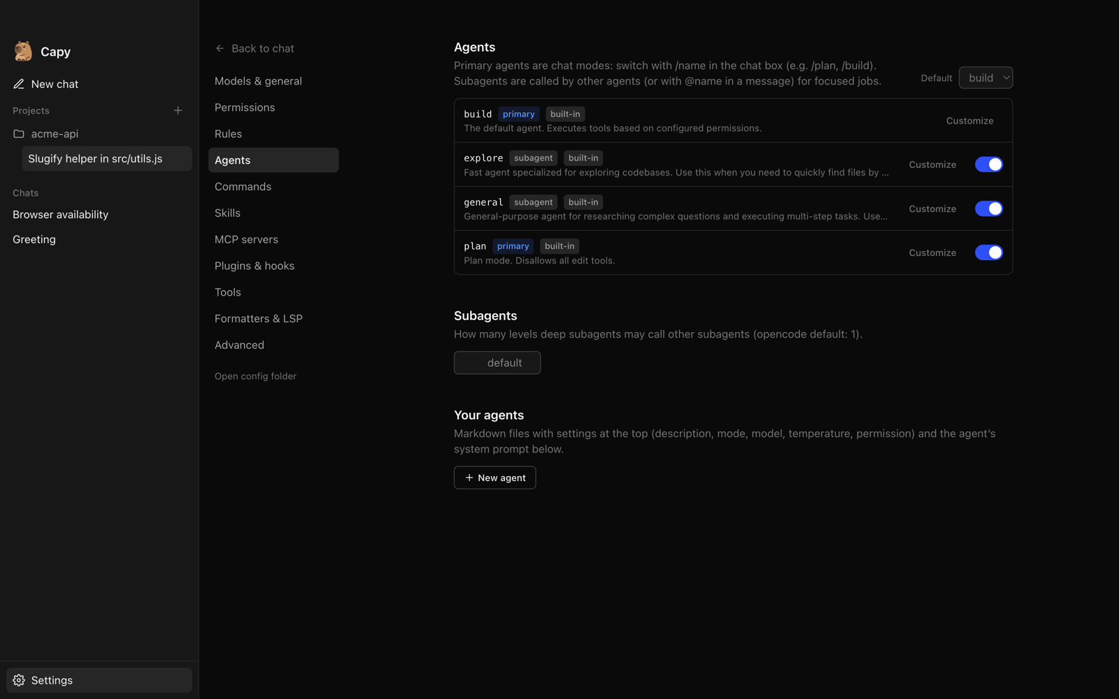Agents settings: built-in and custom agents with per-agent overrides.