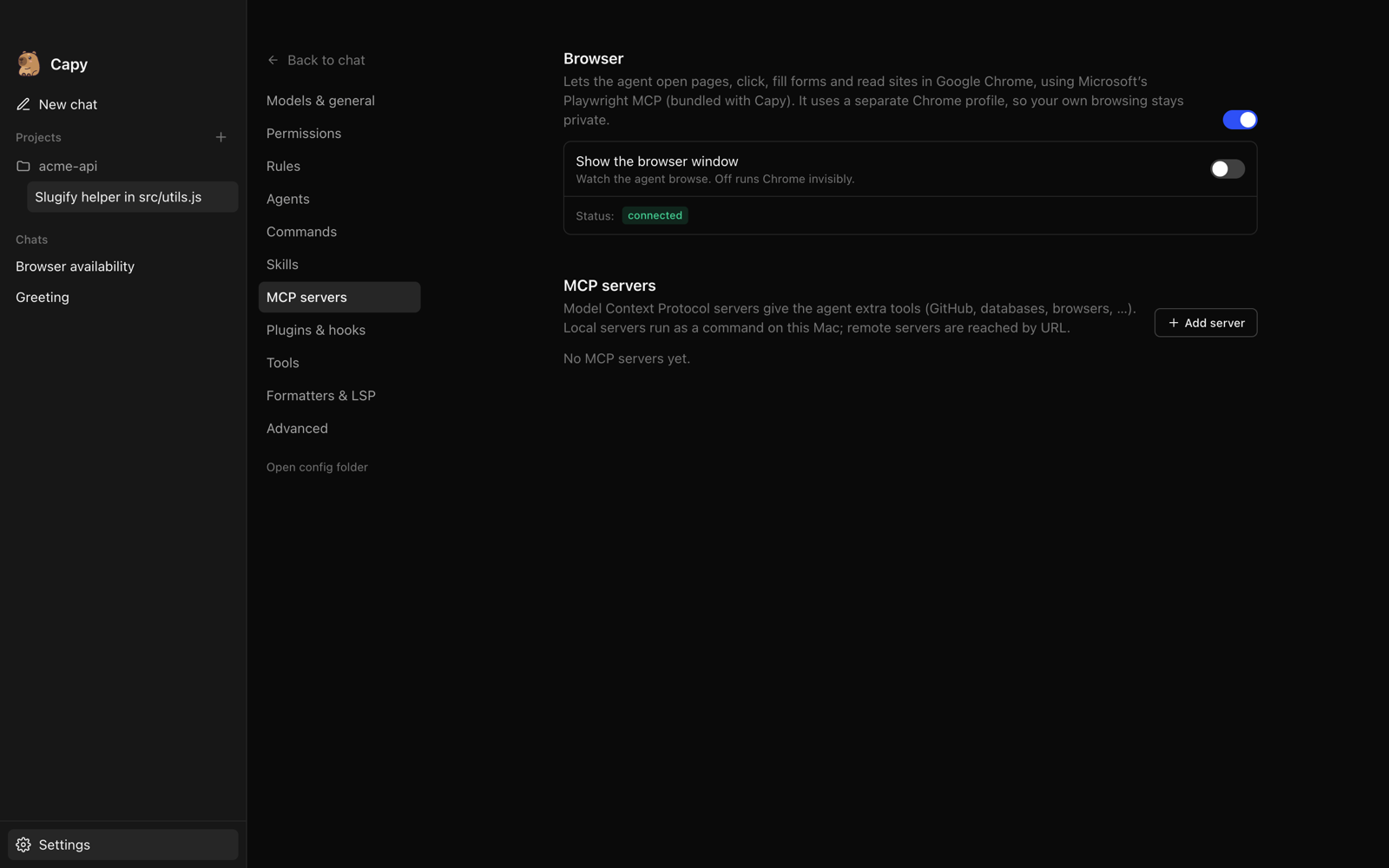 MCP settings: the built-in browser (on, connected, with a show-window toggle) and an Add server button.