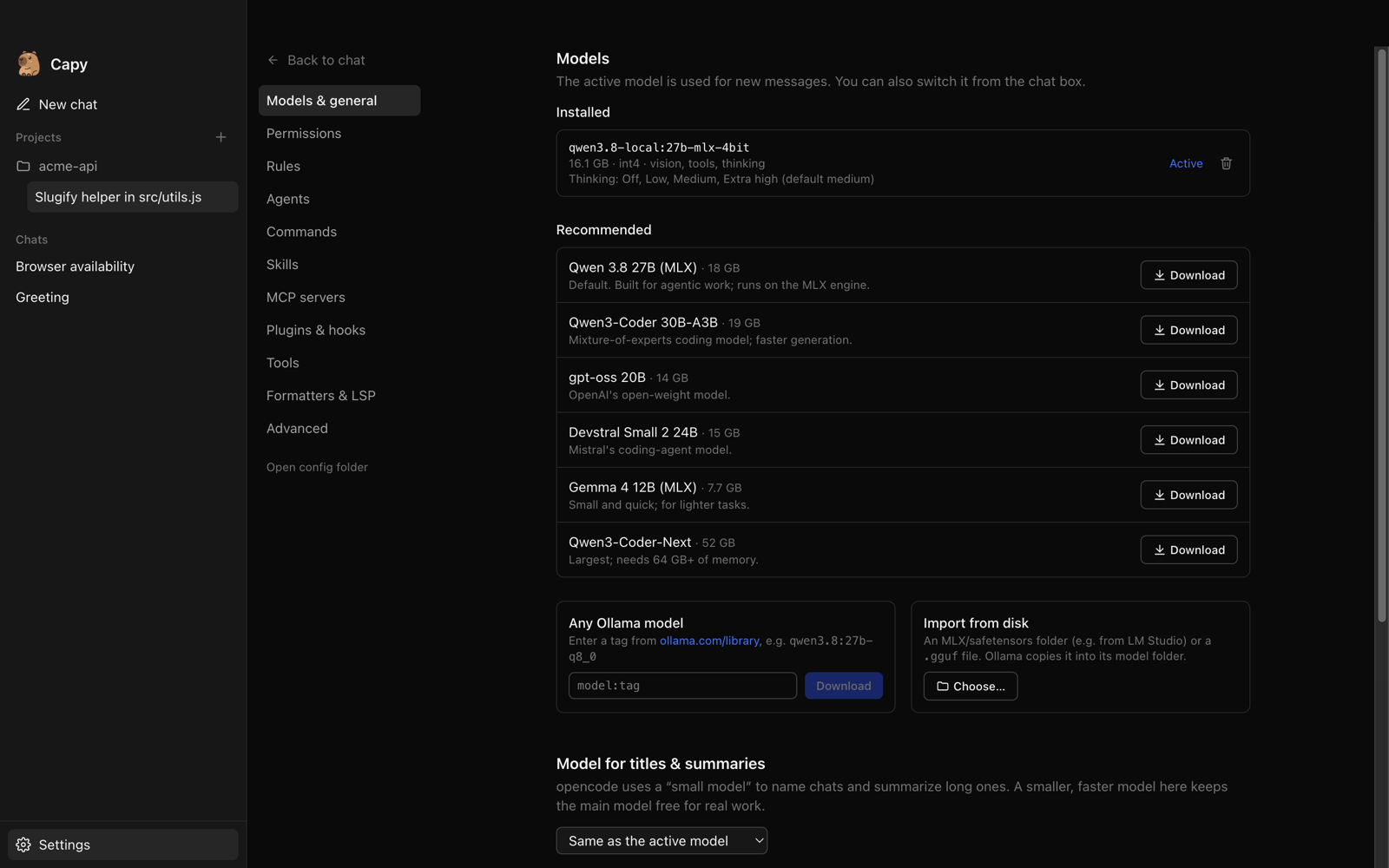 Models settings: installed model with its size and thinking levels, recommended models, download any Ollama tag, import from disk.