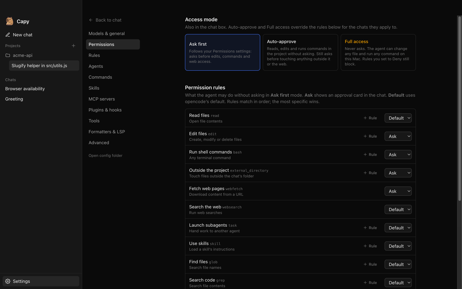 Permissions settings: every opencode permission with ask, allow, deny and per-pattern rules.