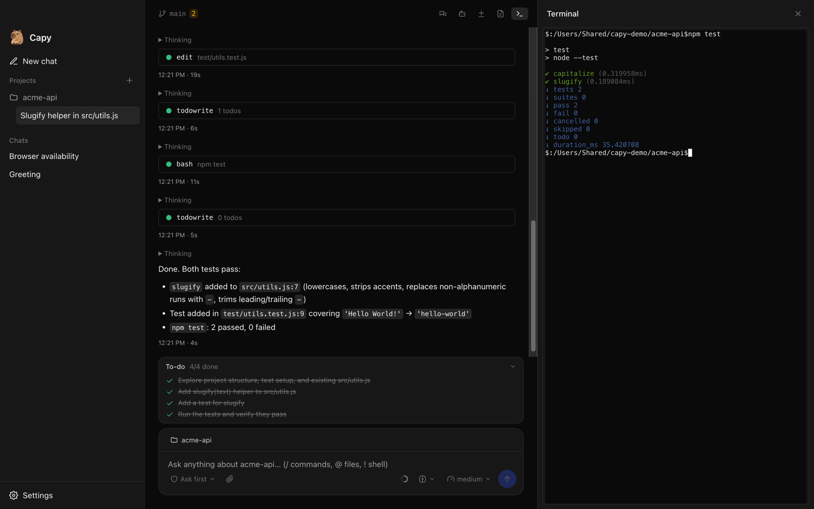 Terminal panel running npm test in the project folder, with both tests passing.