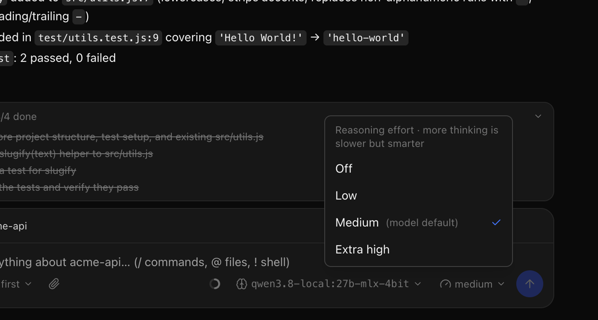 The Thinking menu in the chat box: Off, Low, Medium (model default) and Extra high.