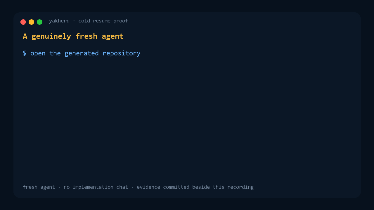A fresh coding agent cold-resumes a Yakherd repository and passes its review
