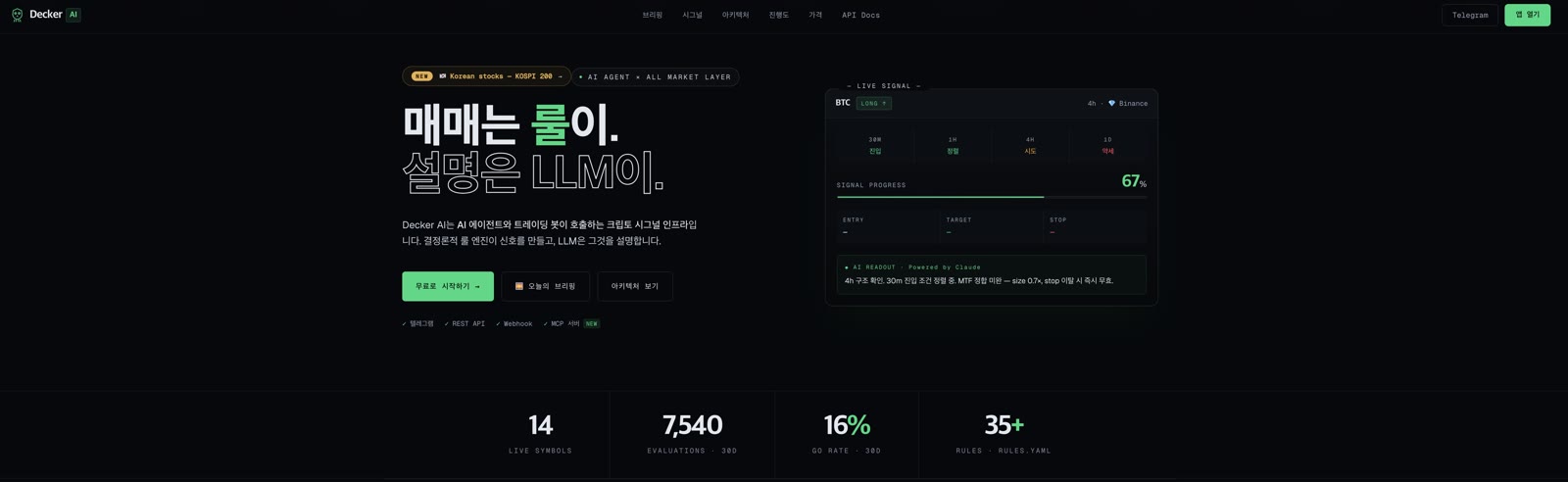 Decker AI — the live market-state cockpit across crypto and Korean equities (KOSPI 200)