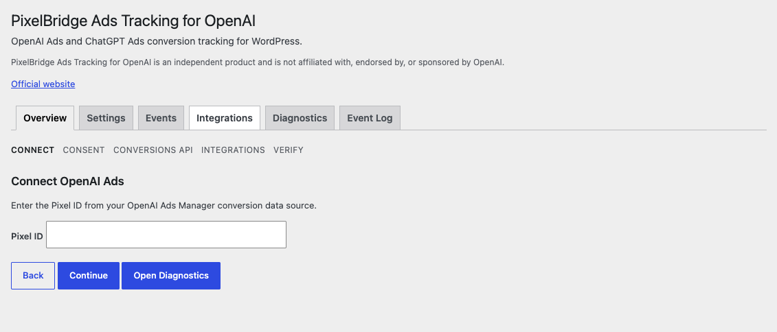 Setup screen for entering an OpenAI Ads Pixel ID