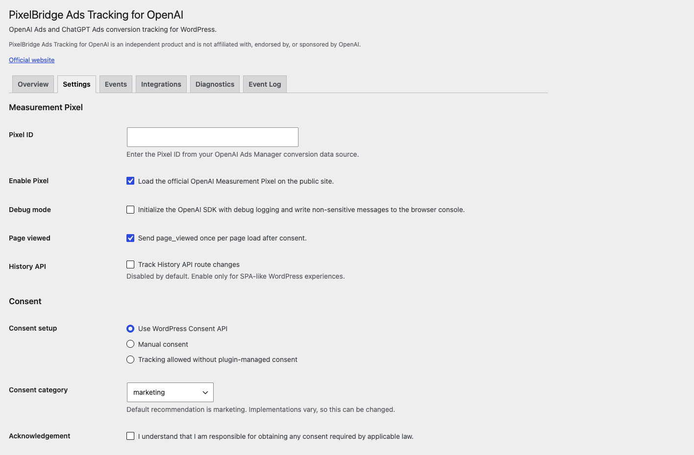 Pixel and consent settings, including the WordPress Consent API