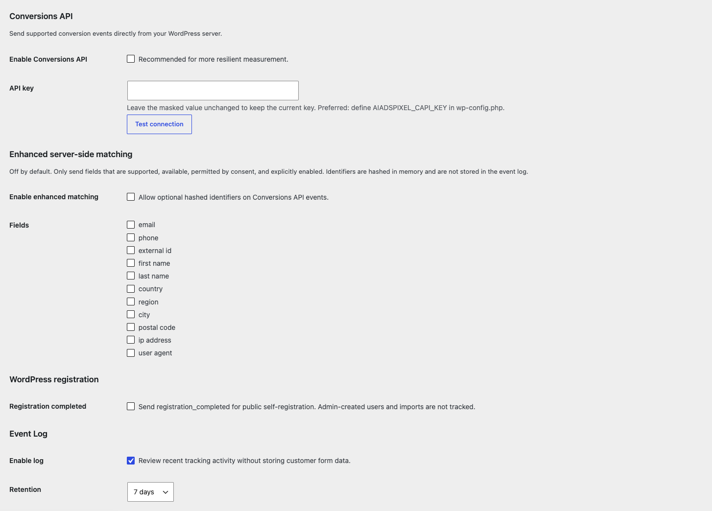 Optional Conversions API settings and connection test
