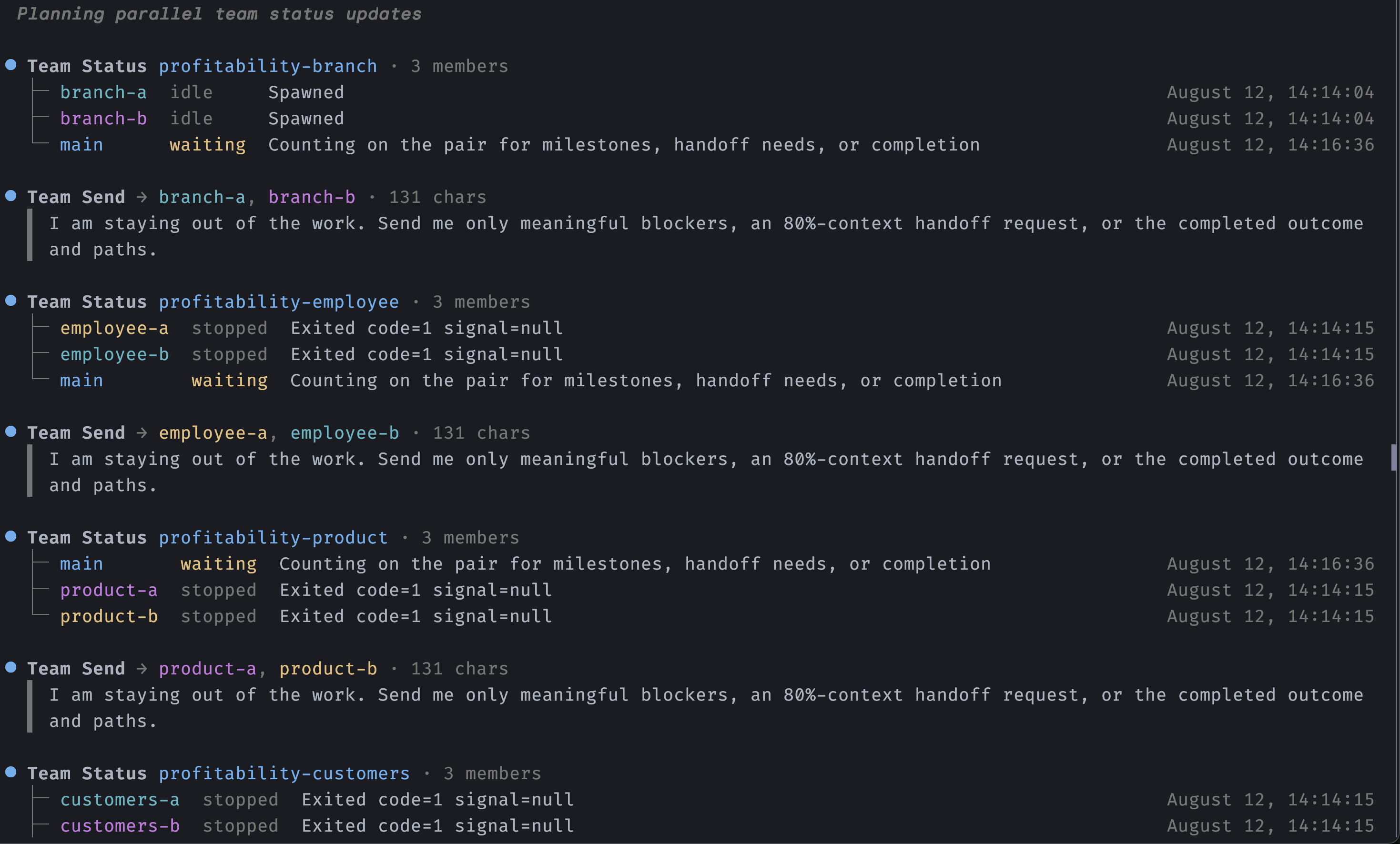 Status outputs for several parallel teams