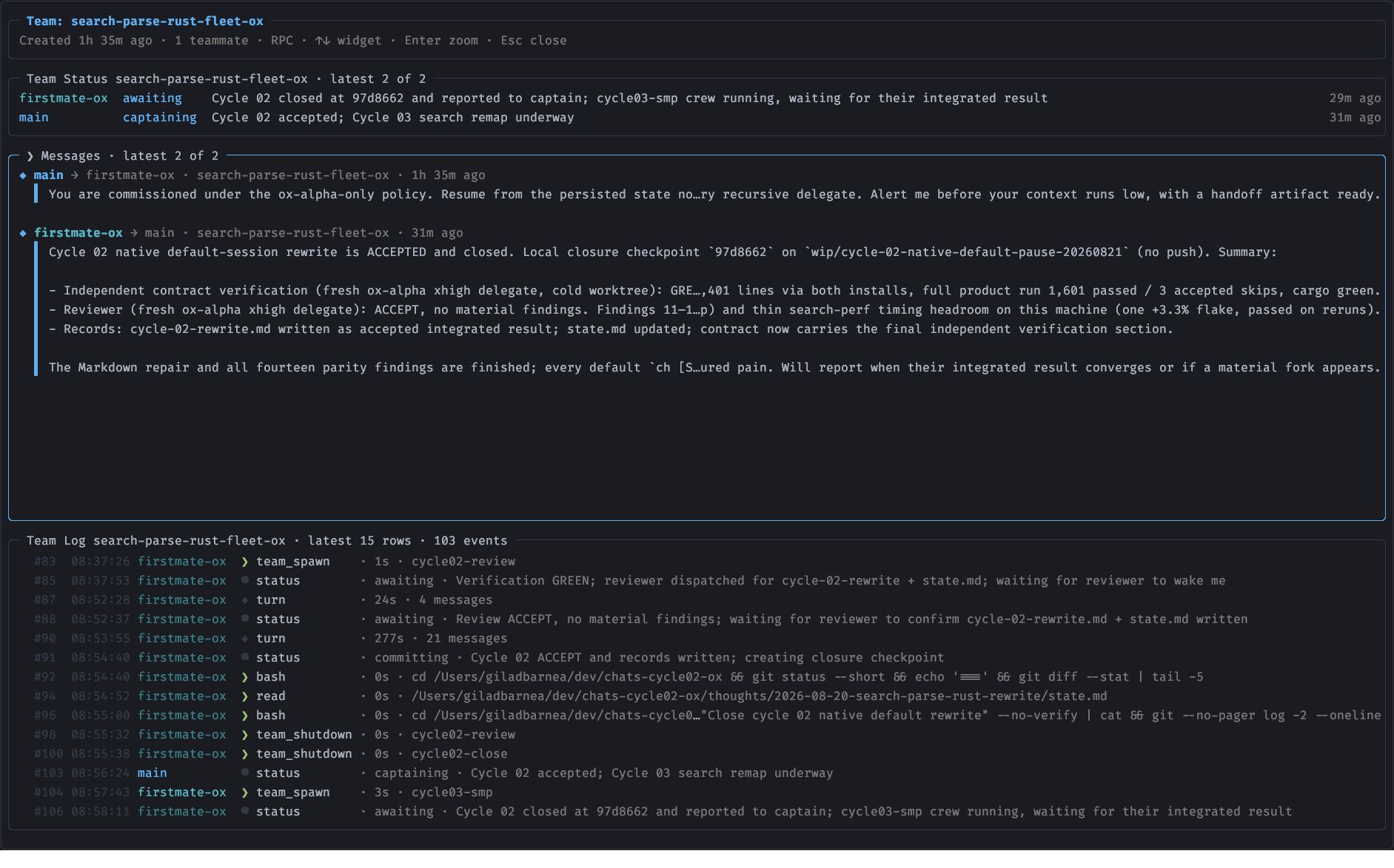 The live team dashboard showing statuses, messages, and recent events