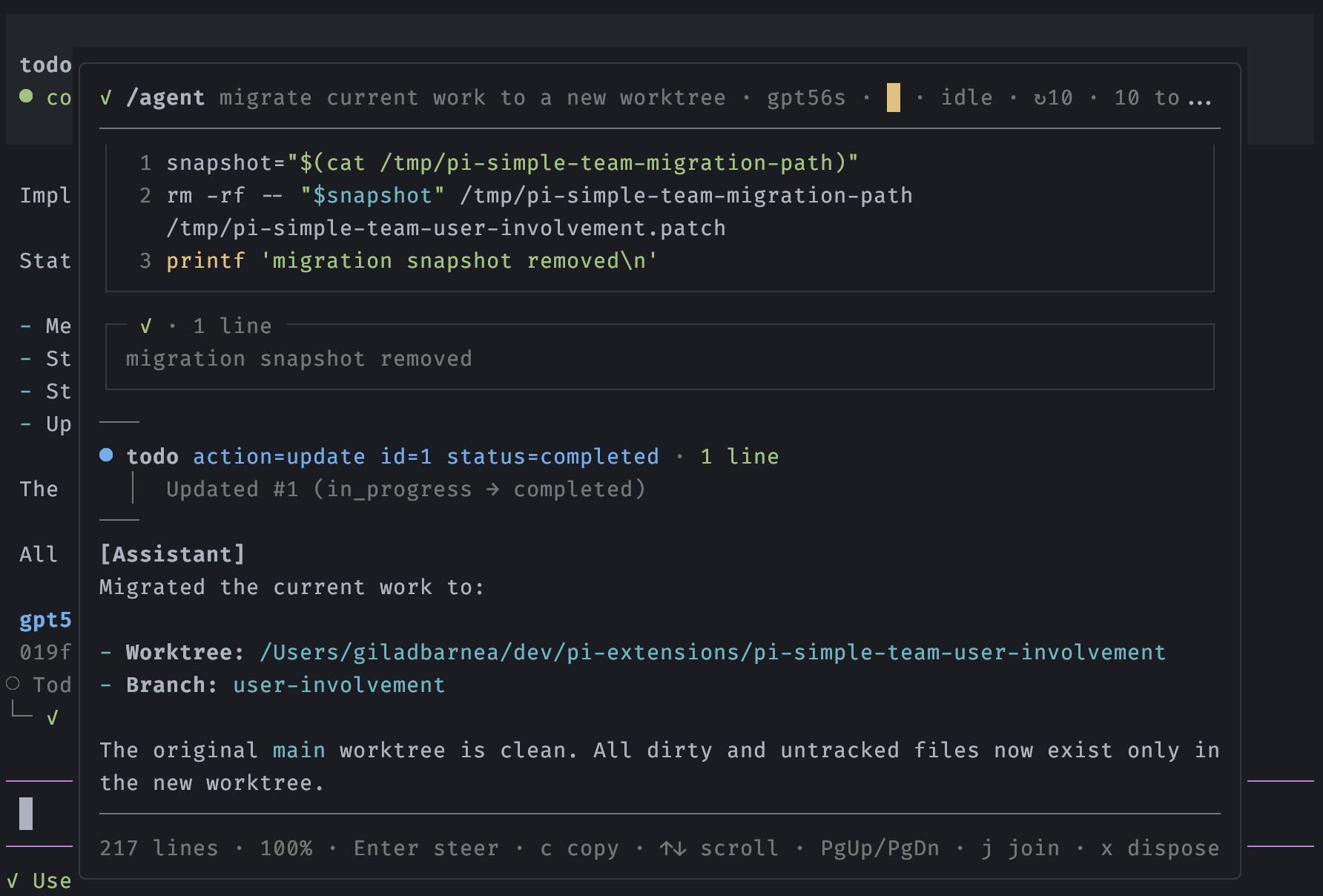 The agent overlay: a rendered bash call, its output, a todo update, and the final response, over the dimmed main conversation