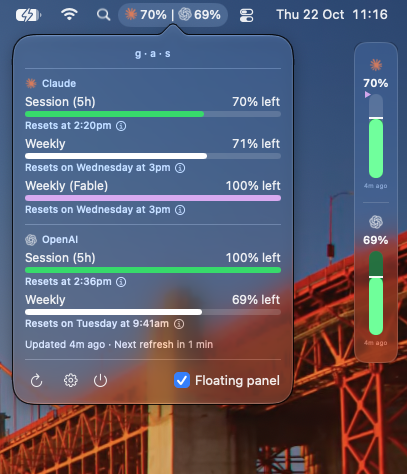 The gas menu bar label, its menu, and the floating panel