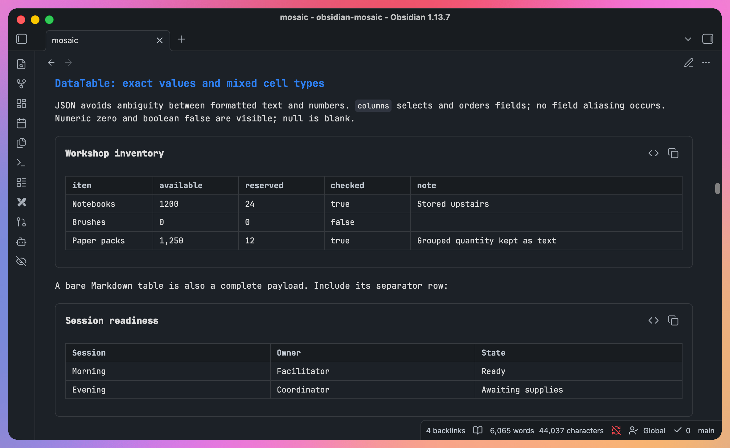 Workshop inventory and session readiness tables with numeric, Boolean and text values