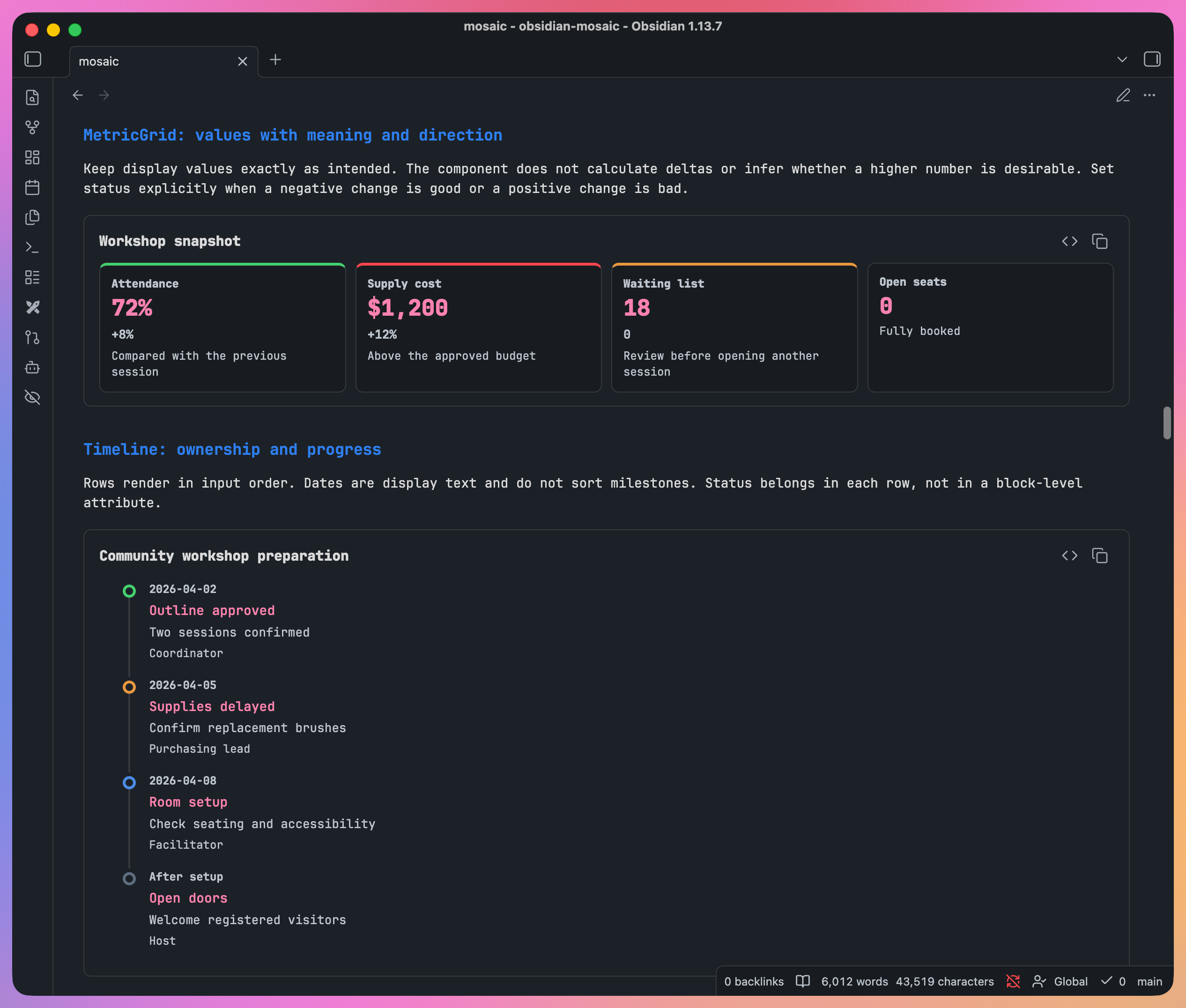 Workshop metric cards and a preparation timeline in Obsidian