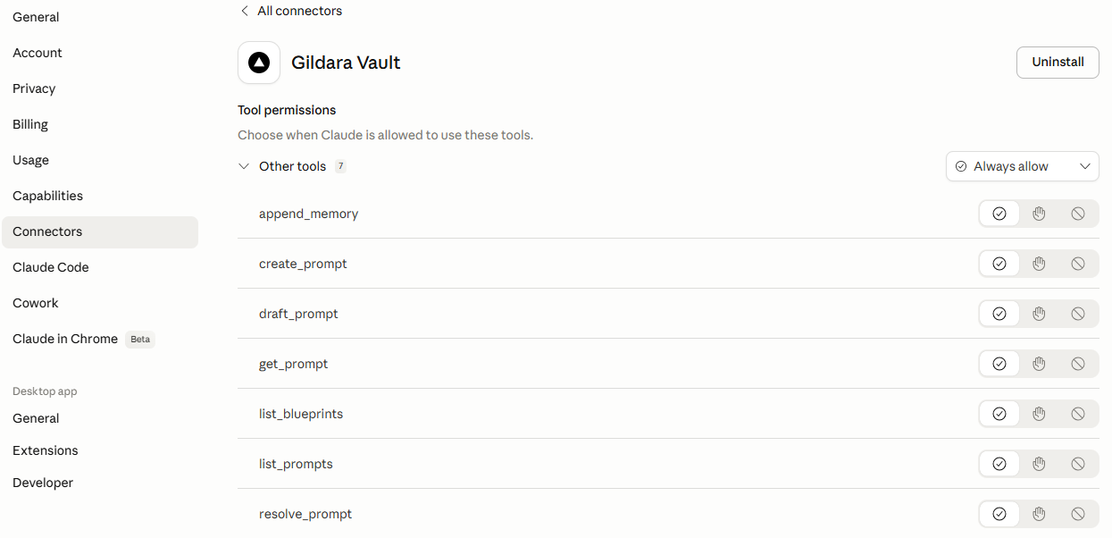 Gildara's tools surfaced in Claude