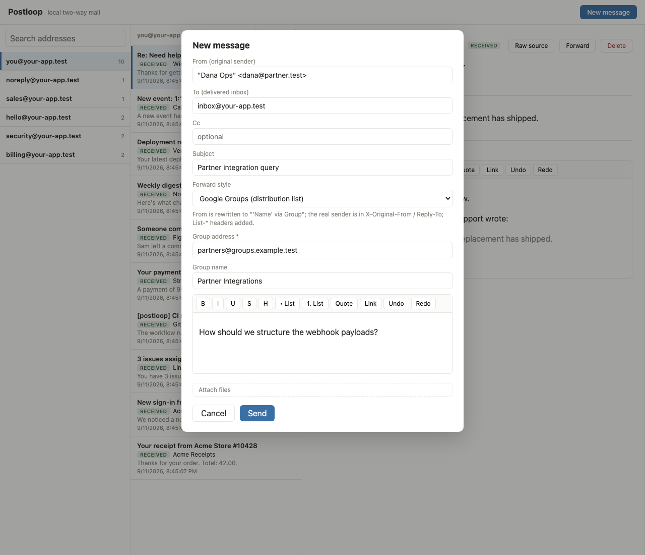 Composing a new message wrapped as a Google Groups distribution list