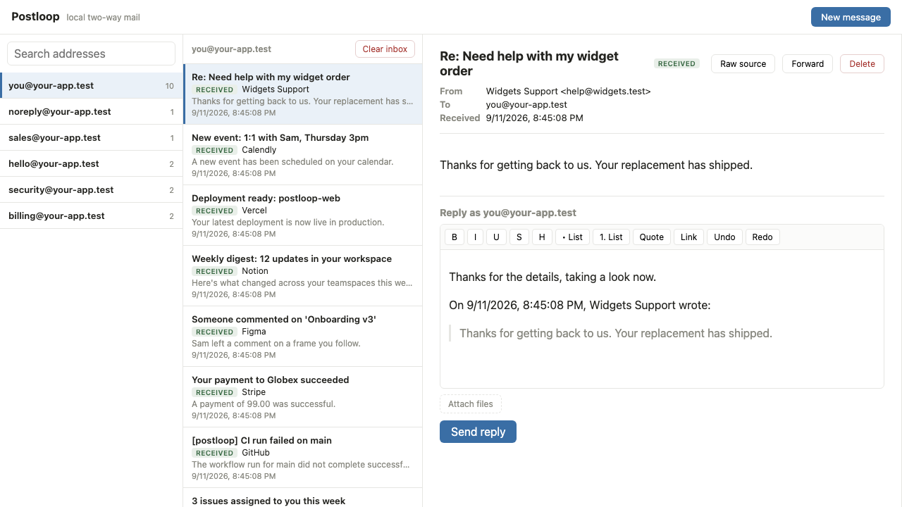Postloop's inbox: caught mail on the left, a message open with a reply drafted above the quoted original