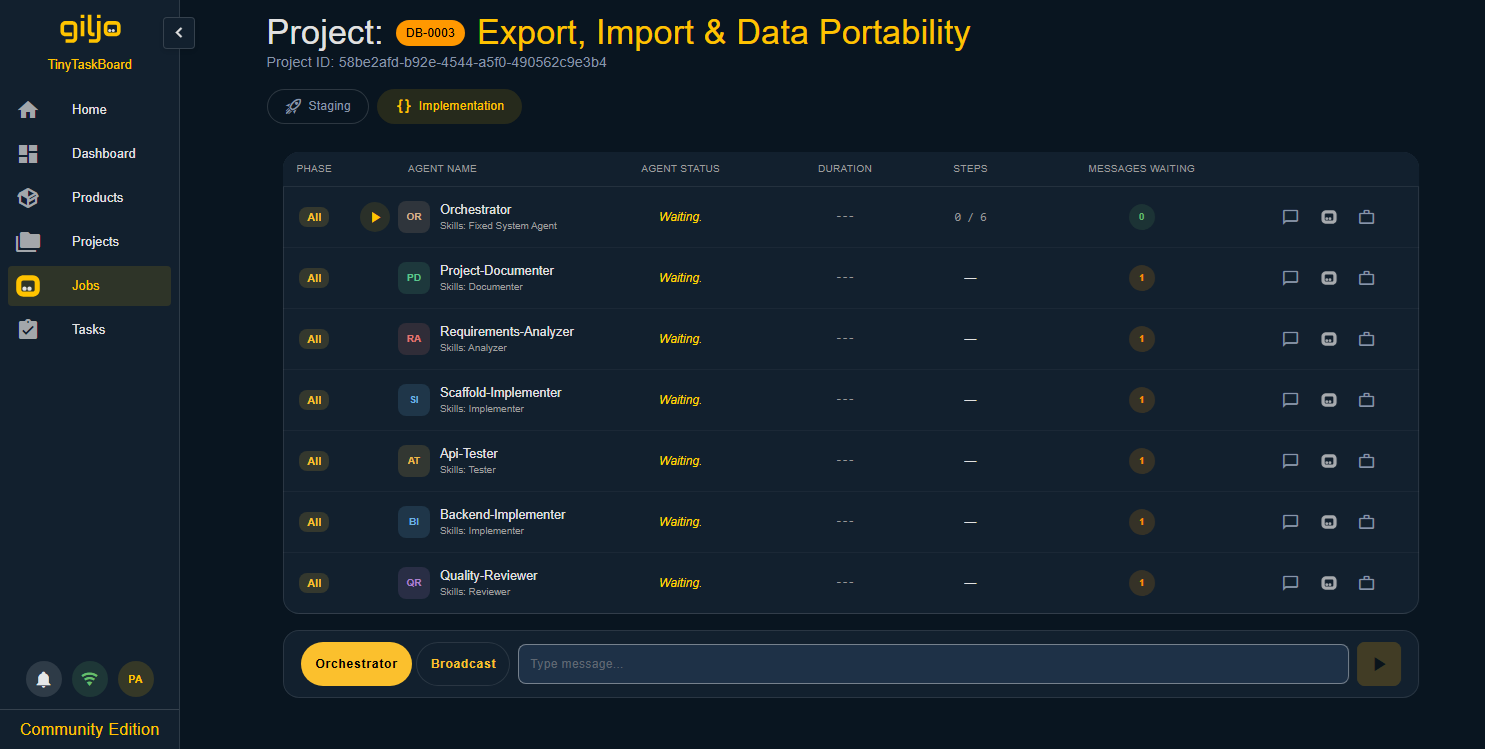 Implementation view showing agents with status, progress, and messages