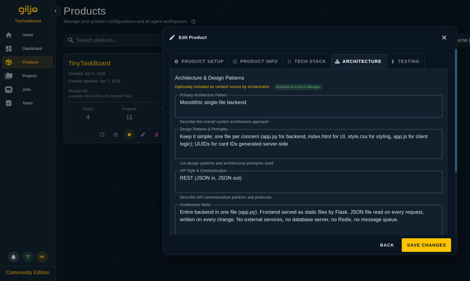 Product context form with tech stack configuration