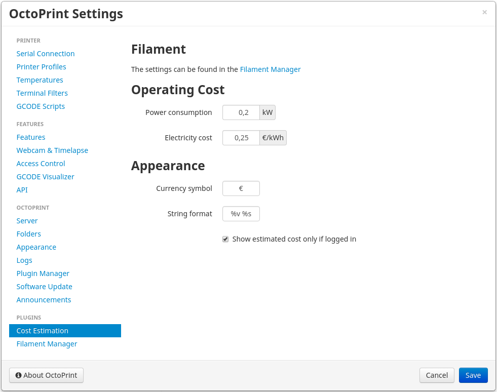 CostEstimation Settings