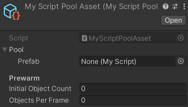 Inspector showing a prefab pool asset expecting a prefab of type "MyScript"