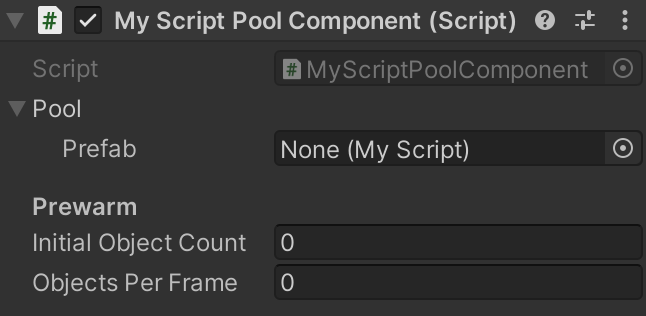 Inspector showing a prefab pool component expecting a prefab of type "MyScript"