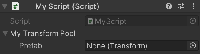 Inspector showing "myTransformPool" expecting an object of type "Transform"