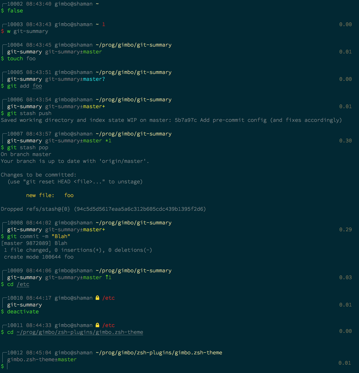gimbo - A variant of purepower with more features, a little eye candy and context-sensitive extra lines. Includes git status decorations, history number, username/hostname context, directory status, status of last command if it failed, and the Python virtualenv name if present.