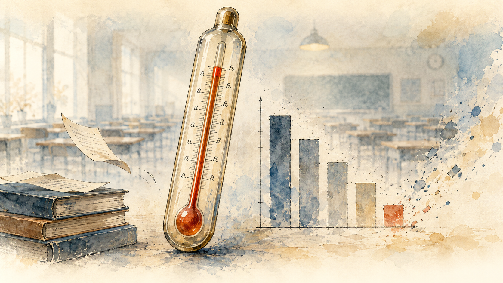 Termómetro de vidrio con mercurio subiendo hasta la marca roja; a la derecha, un gráfico de barras decreciente que se disuelve en acuarela; al fondo, una sala de examen fantasmal con pupitres vacíos.