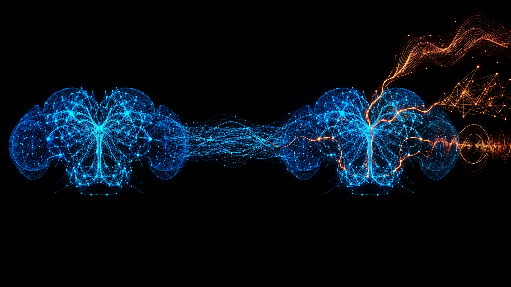 Ilustración de dos cerebros de mosca como redes de neuronas: a la izquierda en azul cian, a la derecha con un 5% de conexiones en naranja dorado que divergen en patrones distintos.