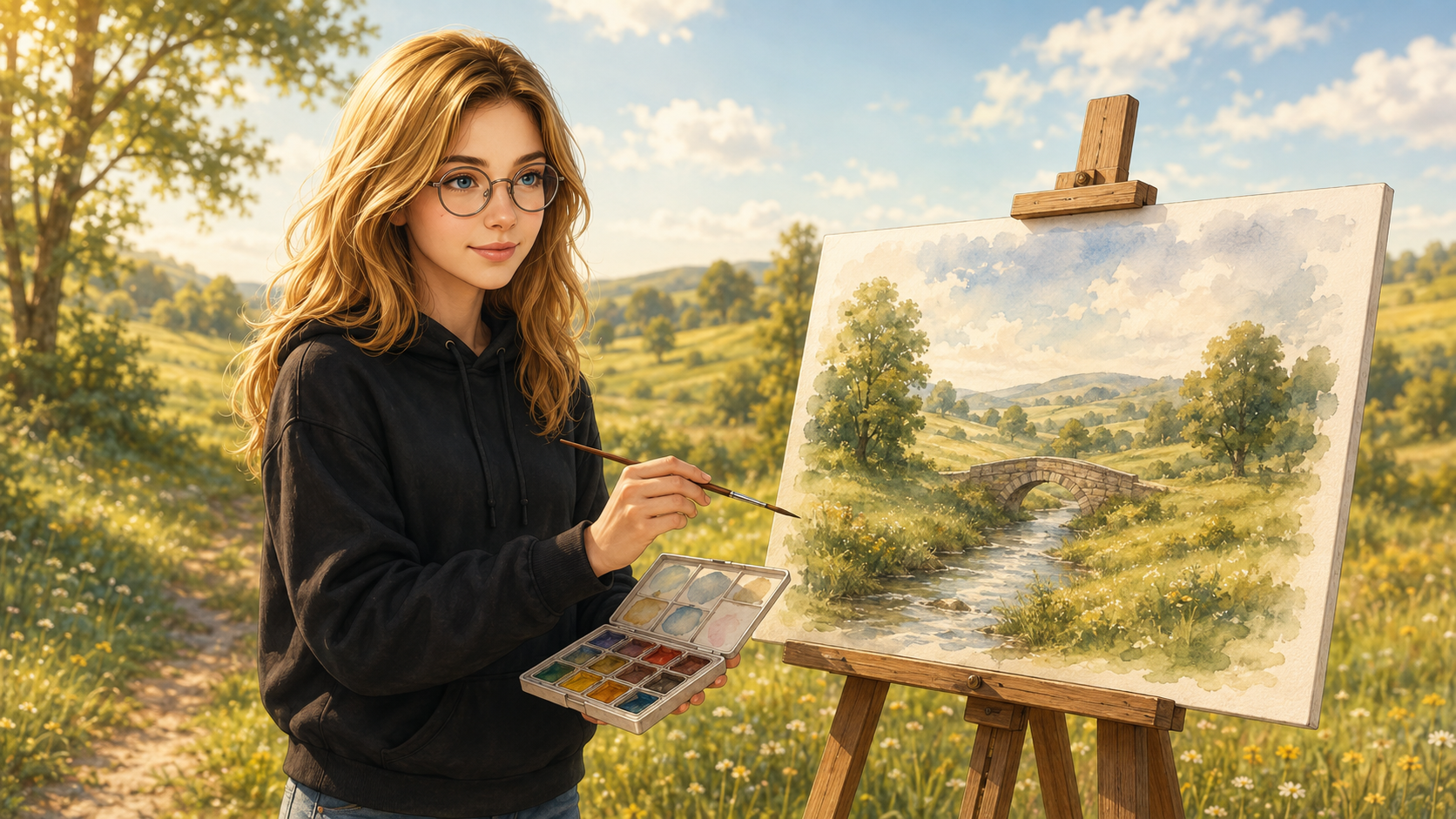 Sofía de pie delante de un trípode de pintor, con pincel y paleta, pintando una acuarela de un paisaje de campo con riachuelo, puente de piedra y prados.