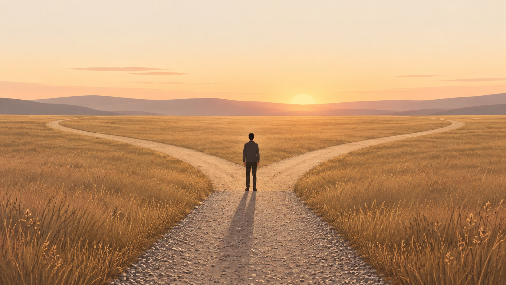 Ilustración conceptual: un camino que se bifurca en dos direcciones bajo un cielo sereno al amanecer. Una silueta solitaria está de pie justo en la línea divisoria entre los dos caminos, sin haber cruzado todavía. Tono contemplativo y sereno, paleta cálida de tonos tierra.