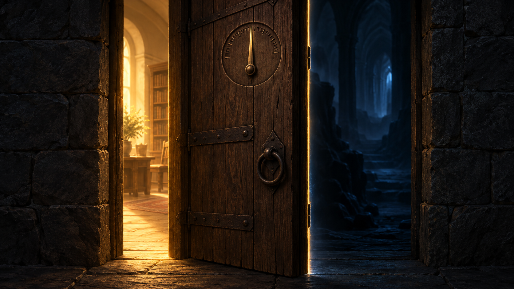 Puerta de madera entreabierta con un dial de confianza en el umbral; a la izquierda luz cálida dorada (clasificador rápido), a la derecha penumbra azul fría (LLM lento)
