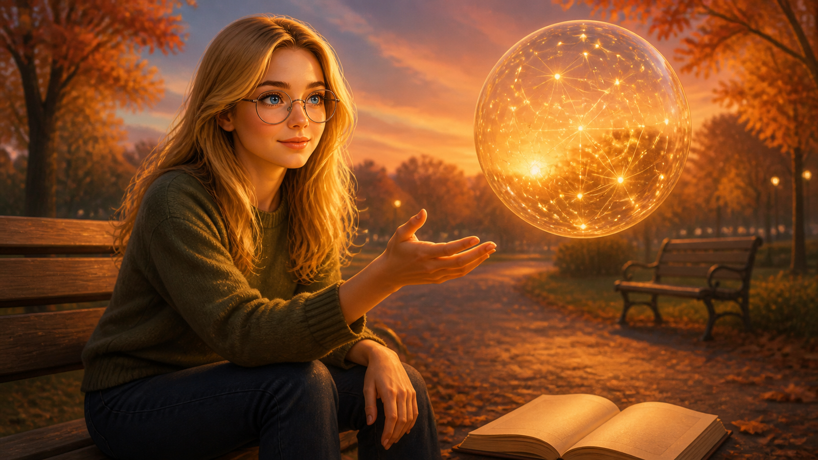 Sofía sentada en un banco de parque al atardecer, contemplando una esfera translúcida con puntos de luz dorada en su interior, que flota frente a ella. Un libro abierto en el suelo a sus pies.