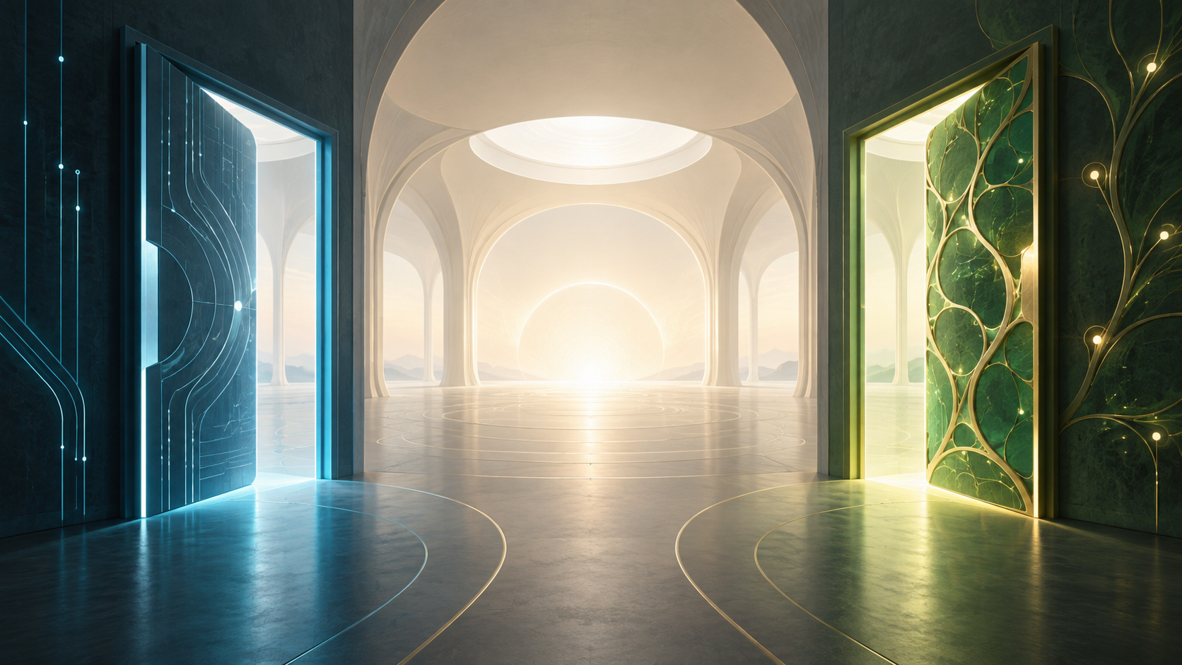 Dos puertas de estilos distintos, una tecnológica y otra orgánica, abiertas a la misma habitación luminosa, sugiriendo dos caminos distintos hacia una misma verdad.