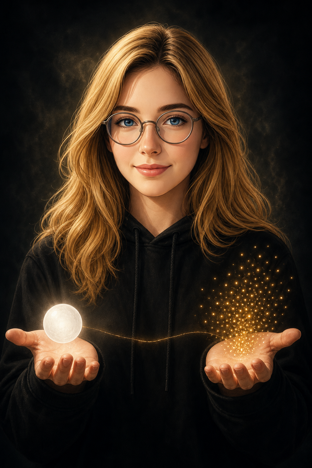 Sofía de frente, de busto, con las dos palmas abiertas: en una una esfera luminosa (la unidad, lo apolíneo) y en la otra una nube de partículas doradas (la multiplicidad, lo dionisíaco), unidas por un hilo de luz tenue.