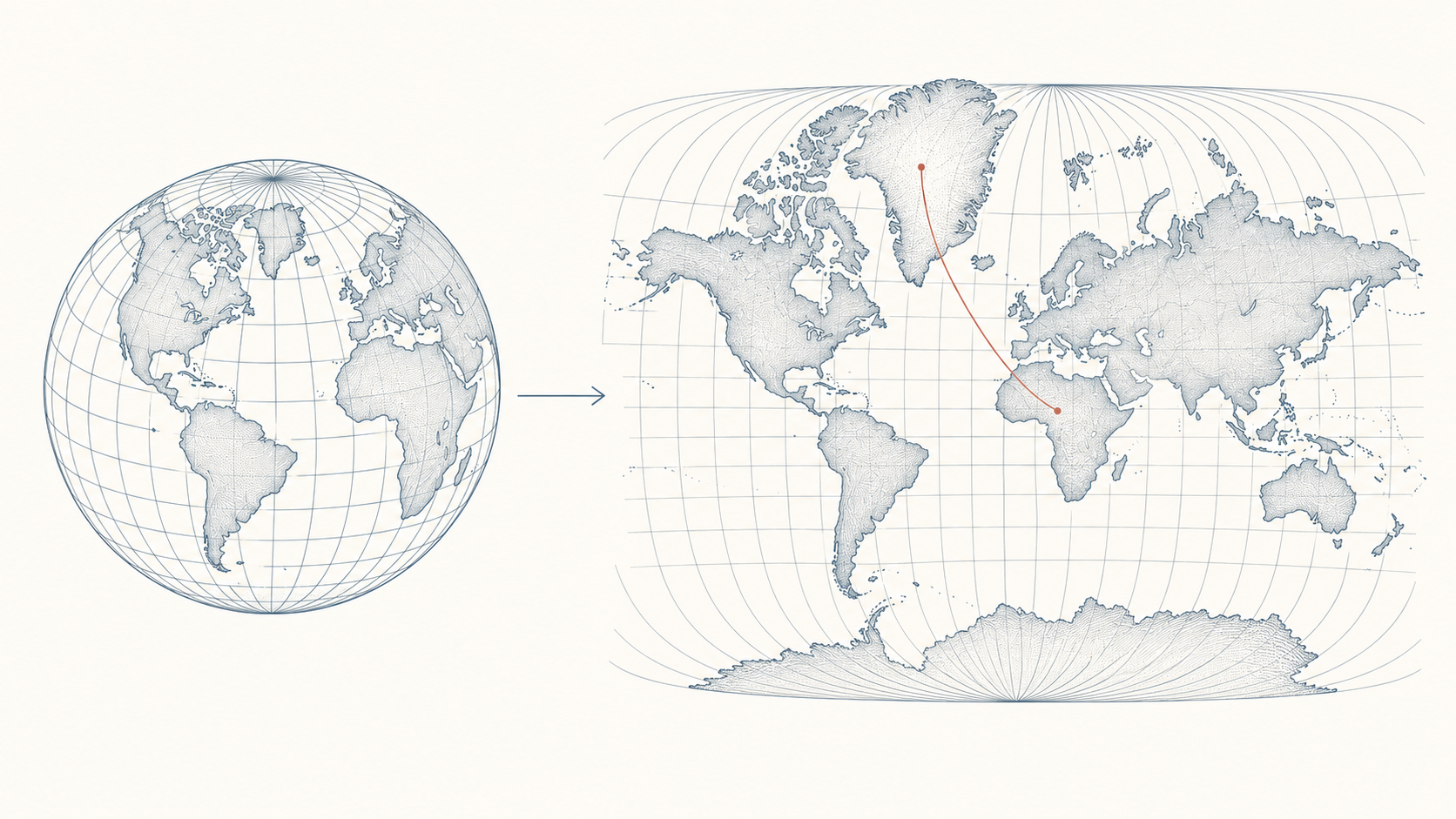 Mapa del mundo con dos proyecciones cartográficas superpuestas: Mercator (izquierda) y Equal Earth (derecha), mostrando la distorsión de áreas en los polos