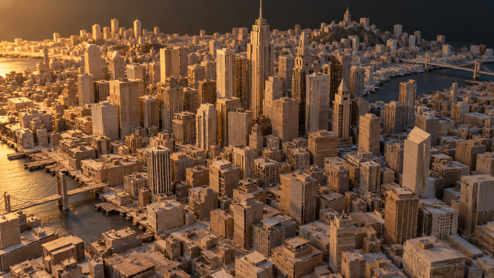Modelo arquitectónico de una ciudad hecho a mano con balsa y cartón: cientos de secciones encajadas formando manzanas y rascacielos, texturas de corte manual visibles, iluminación cálida lateral.
