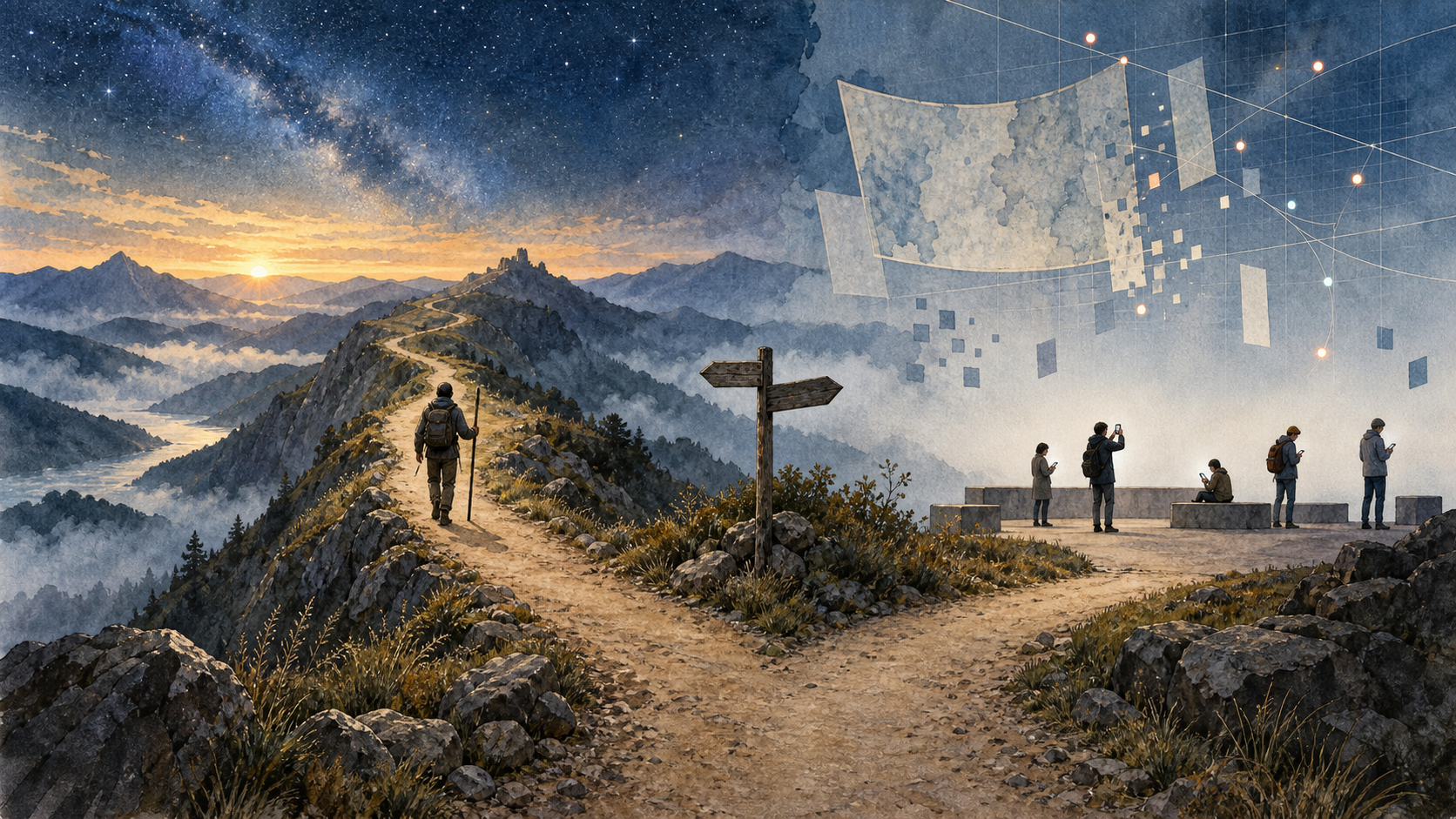 Camino que se bifurca: a la izquierda, un peregrino con bastón y mochila camina hacia un horizonte alto y profundo bajo un cielo estrellado; a la derecha, el sendero se vuelve corto y desemboca en un mirador sin horizonte, con figuras mirando sus pantallas. En el fondo, un mapa en blanco se rompe.