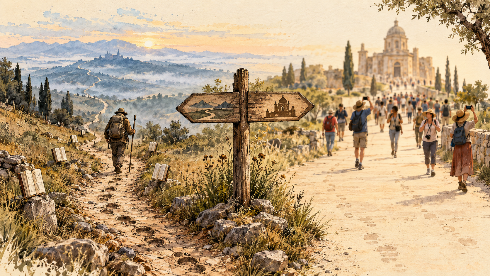 Un peregrino camina por un sendero estrecho hacia un horizonte lejano, mientras a su lado una multitud de turistas fotografía un monumento cercano; el camino se bifurca en dos.