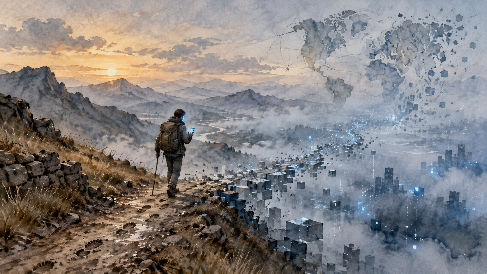 Un caminero de espaldas cuyo sendero de tierra se disuelve en píxeles digitales; sostiene un teléfono cuya pantalla le ilumina el rostro con luz fría, y en el horizonte un mapa roto y desdibujado.
