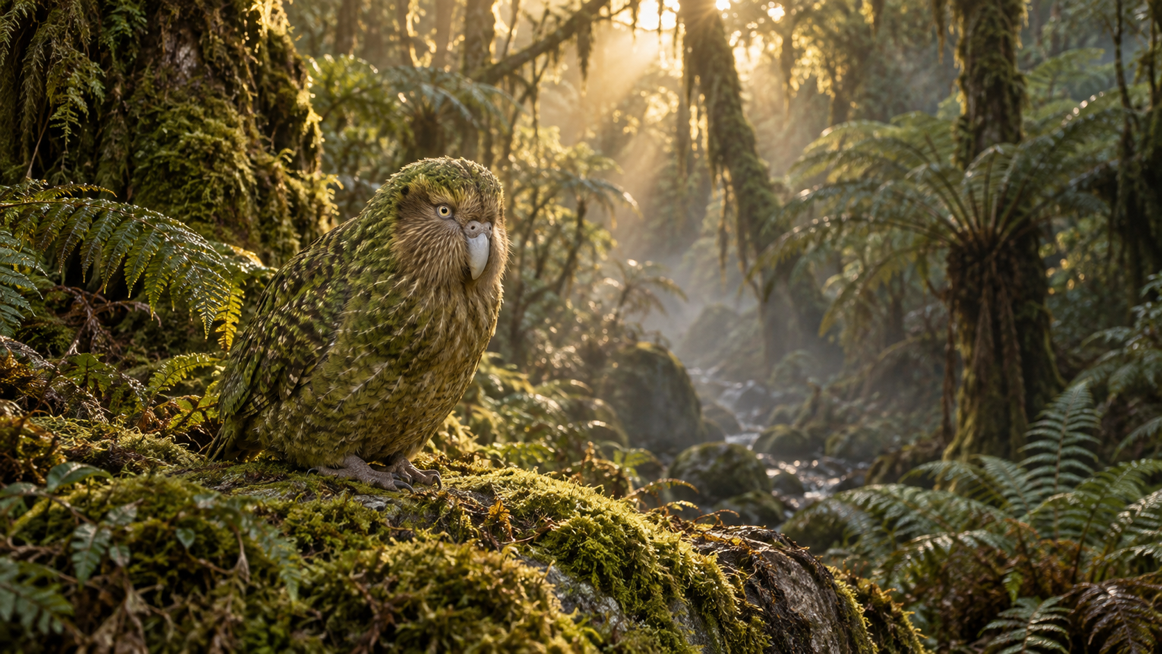 Un kākāpō, loro no volador de plumaje verde-musgo, inmóvil entre los musgos de un bosque neozelandés al amanecer, con luz dorada filtrándose por el dosel.