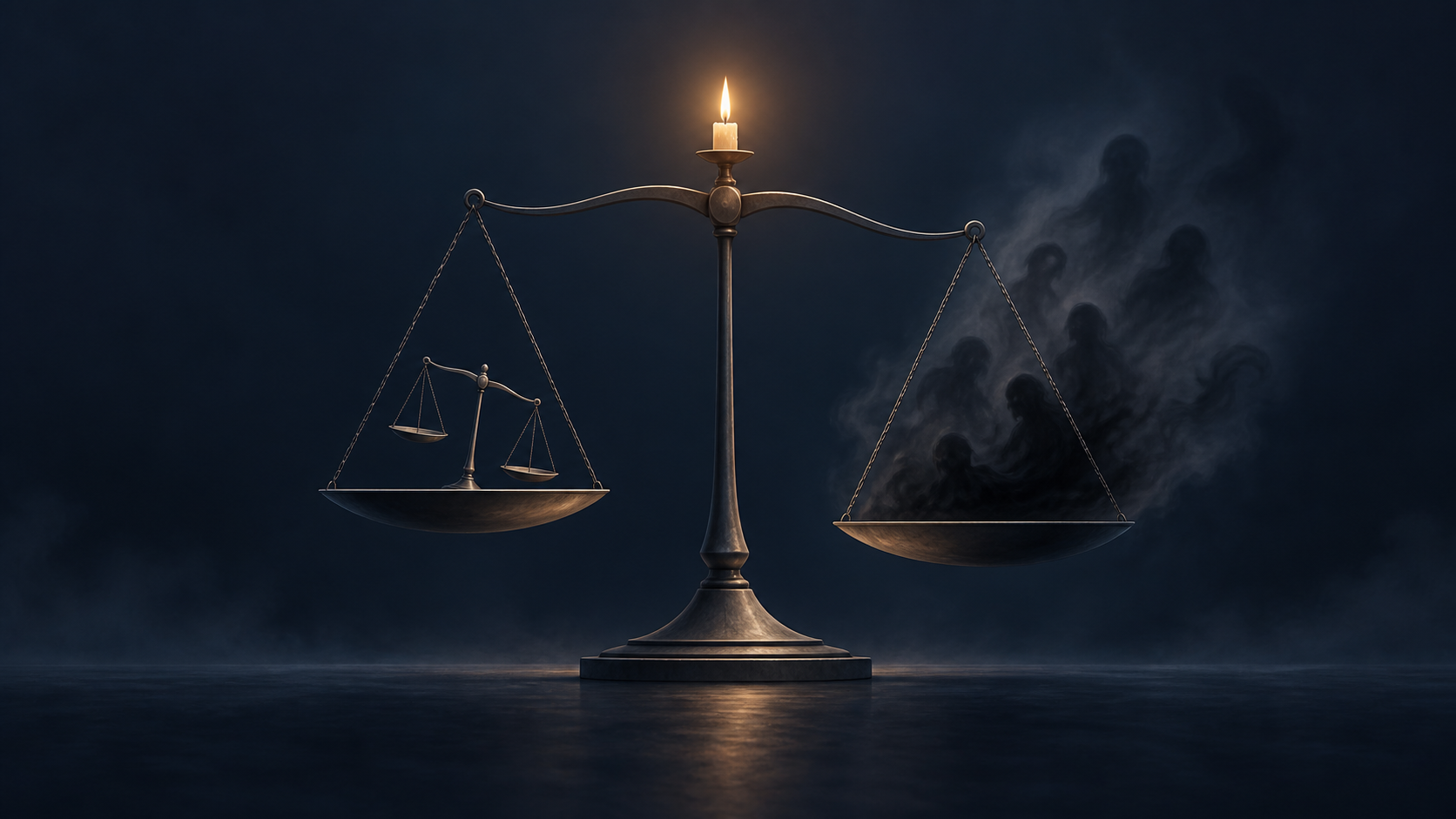 Balanza desequilibrada con una vela encendida en un plato y un vacío oscuro en el otro, ilustración conceptual minimalista