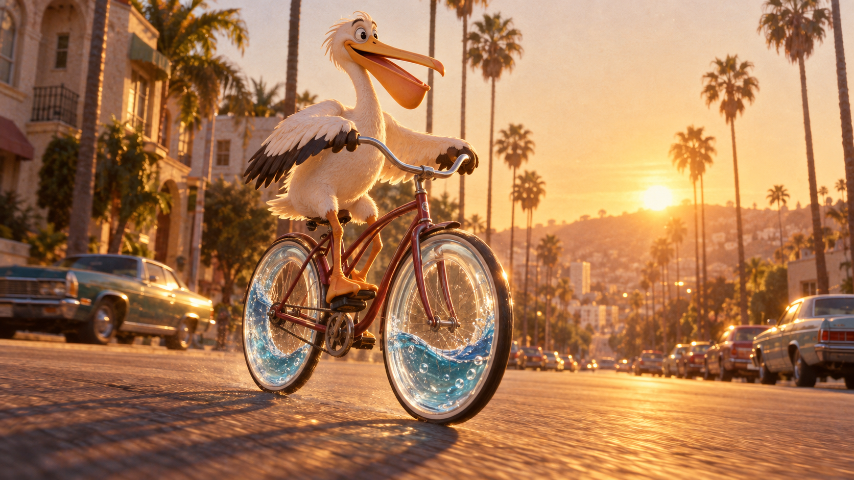 Pelícano animado montando una bicicleta real, con agua visible en los neumáticos, en estilo de fotograma de cine de los años 80 con luz dorada y grano de película 35 mm