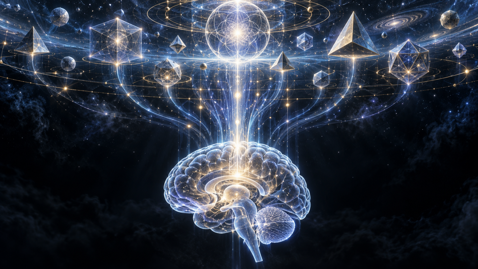Un cerebro translúcido del que emanan líneas de luz que se conectan con formas geométricas platónicas flotando en un espacio superior, sugiriendo que el cerebro canaliza la mente desde un espacio de verdades matemáticas.