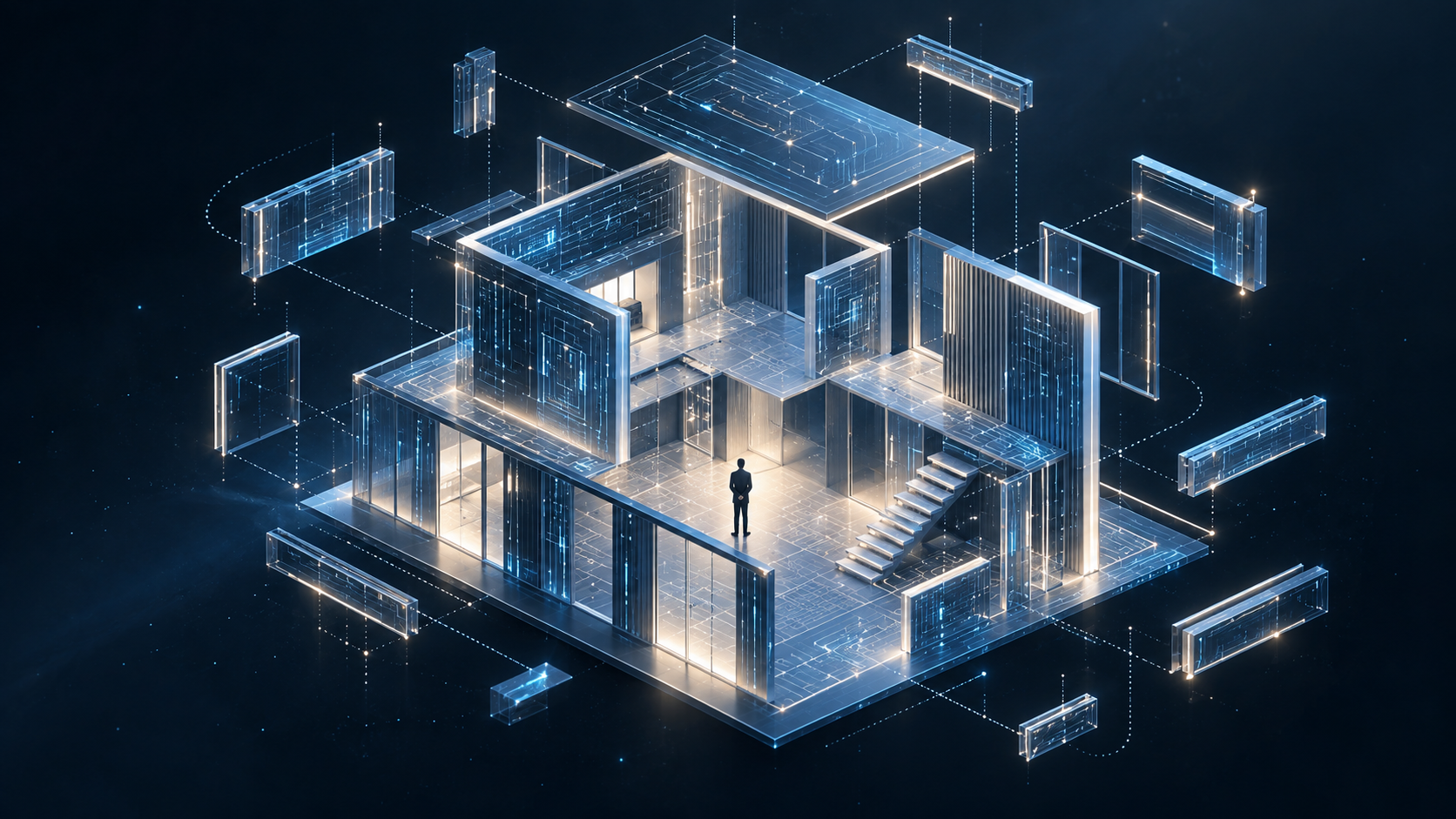 Ilustración conceptual: un edificio formado por líneas de código y circuitos que se ensambla solo alrededor de una pequeña figura humana que lo observa desde dentro.