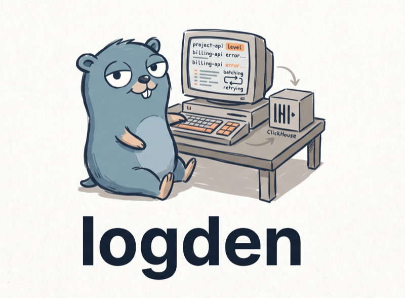 logden mascot — a sleepy gopher next to a terminal full of logs