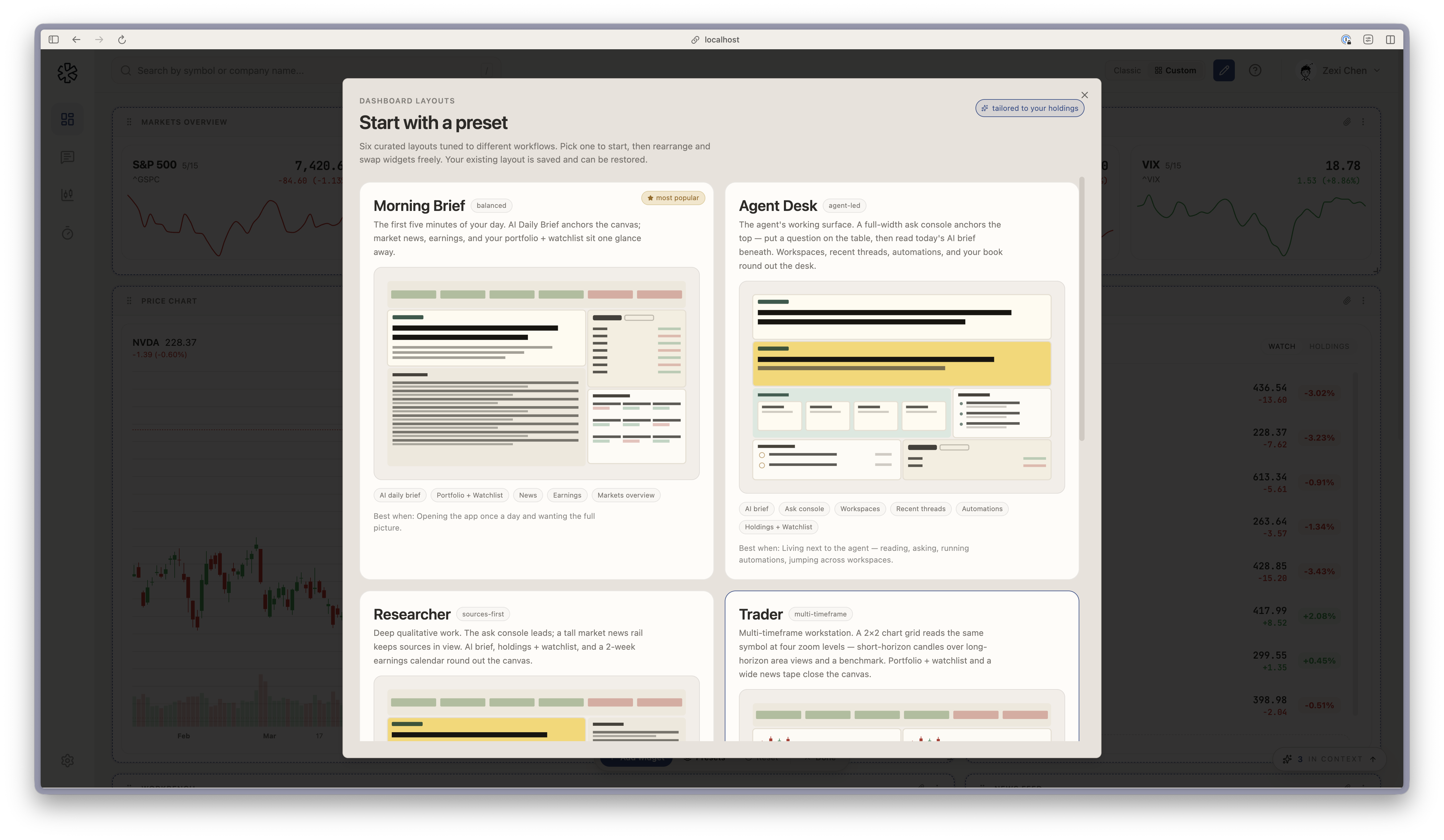 Dashboard preset picker with Morning Brief, Agent Desk, Researcher, and Trader templates