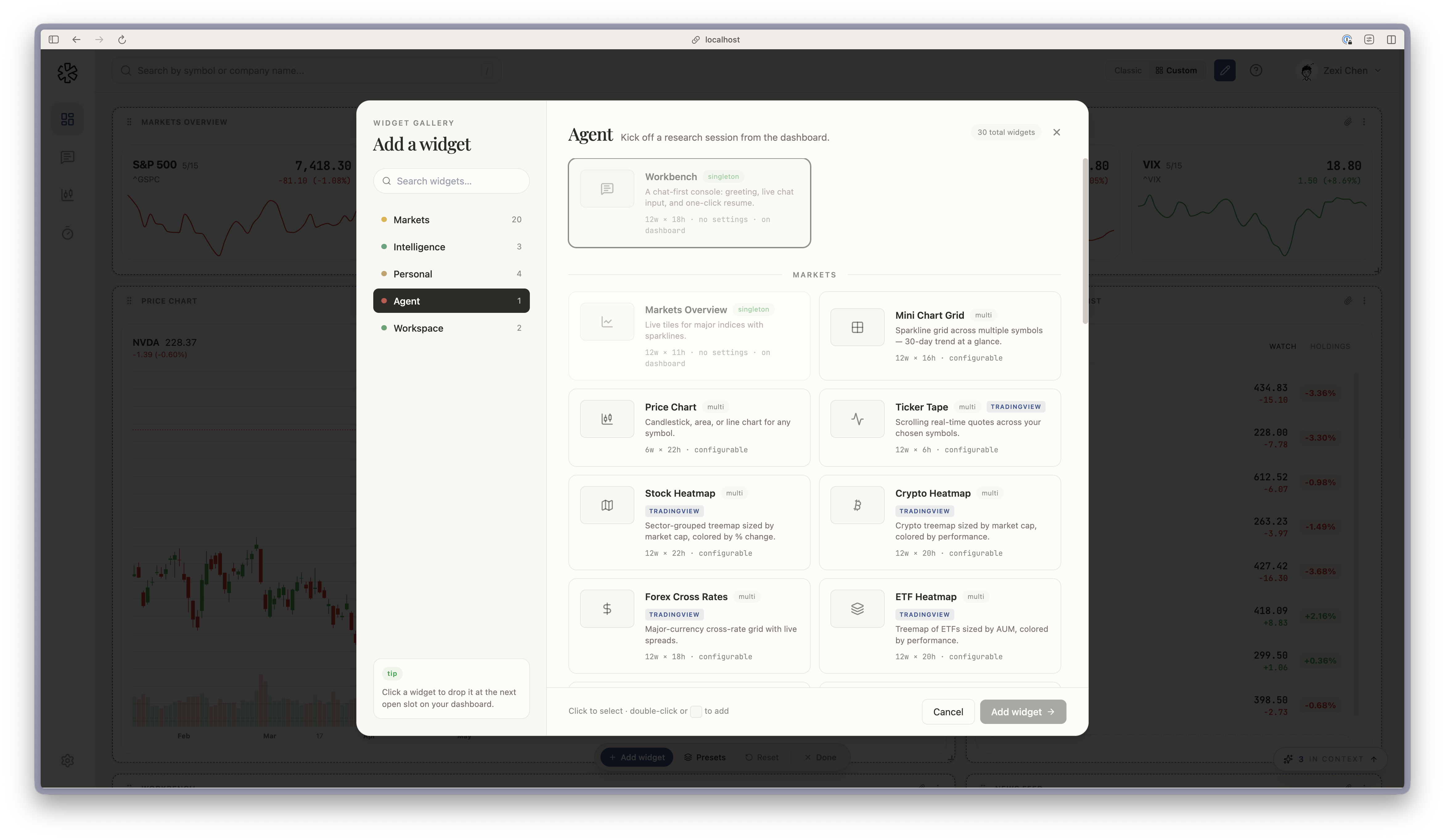 Dashboard widget gallery with markets, intelligence, personal, agent, and workspace categories