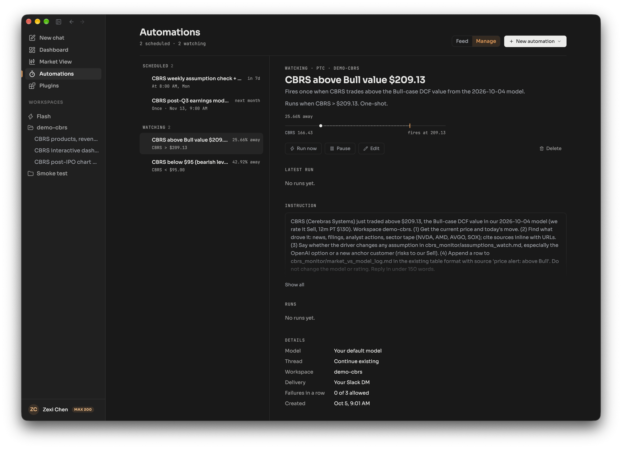 Automations page with a weekly CBRS check, a post-earnings model update and two price triggers